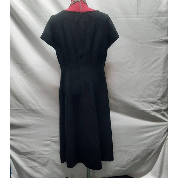 Anne Klein Petite Black Fit Flare Short Sleeve Modest Career Seamed Dress 8P - Picture 2 of 8